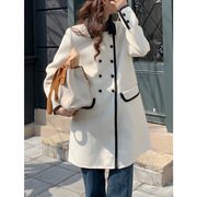 q358韩版小香风式双面，羊绒大衣女，包扣长款撞色通勤百搭毛呢外套