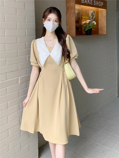 夏装小翻领连衣裙法式赫本风复古显瘦气质短袖长裙子