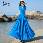 夏季纯色雪纺连衣裙女长款到脚踝洋气，修身高端蓝色短袖v领裙