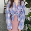 小众设计原创格子衬衫女长袖2023年春秋韩版宽松蓬蓬袖百搭外套