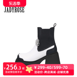 JadyRose黑白防水台高跟短靴女短筒弹力切尔西靴朋克圆环装饰