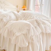 韩式斜纹全棉四件套纯白色公主风，床单纯棉被套1.8m床裙式床上用品