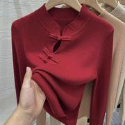 红色国风毛衣女(毛衣女)2024女装秋冬修身针织，新中式酒红色打底衫上衣