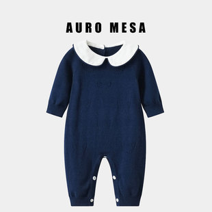 AuroMesa婴儿秋季镂空小熊娃娃领针织哈衣宝宝全棉长袖连体衣