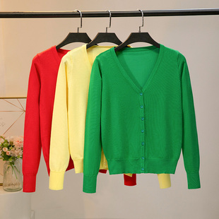 春秋季薄针织开衫纯色，百搭夏季外搭长袖空调衫短款绿色，v领外套棉