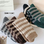 羊毛袜子女中筒秋冬加厚保暖羊绒条纹堆堆长袜冬天复古咖色高腰袜