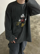 韩国男装disney高档复古水洗，色可爱米奇卡通印花阔版长袖t恤