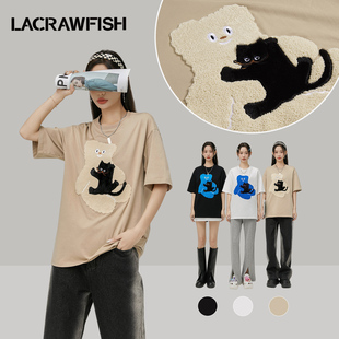 LA CRAWFISH韩系原创趣味抱抱熊猫咪刺绣印花宽松可爱短袖T恤女