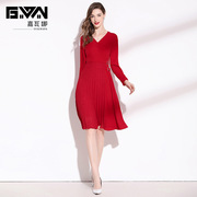 2023年春季女装v领长袖百褶拼接气质名媛，高端显瘦红色连衣裙