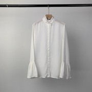 香港品牌bm春夏纯色简约花边立领喇叭长袖衬衫，淑女雪纺打底衫