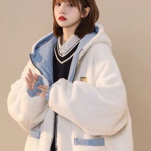 奶huhu的蓝色棉服女冬季加绒加厚两面穿棉衣设计感小众羊羔毛外套