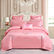 新婚庆床上四件套全棉纯棉斜纹粉色大红色刺绣花陪嫁婚房床品