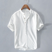 日系复古棉麻T恤男士夏季亚麻短袖体恤中国风白色POLO衫立领衬衫