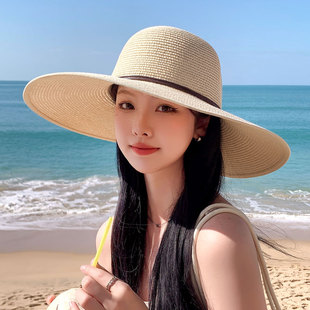 夏天太阳帽子女遮阳草帽休闲大檐沙滩帽海边出游优雅可折叠防晒帽