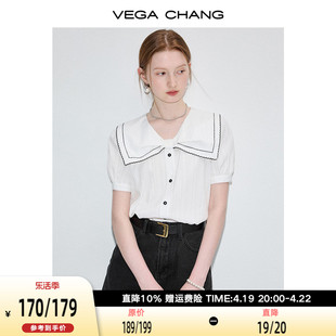 vegachang白色衬衫女夏装，2024年法式小众蝴蝶结，泡泡袖上衣