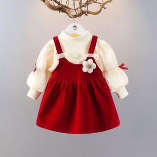 女童连衣裙秋冬时髦2件套裙3岁公主裙洋气加绒套装女宝宝周岁礼服