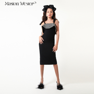 masionwester女装，显瘦蝴蝶结吊带千鸟格，拼接黑色连衣裙