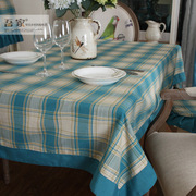 桌布布艺地中海风格桌布棉麻格子蓝色桌巾小清新书桌茶几布长方形