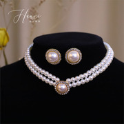 法式优雅复古韩式珍珠项链女锁骨，链新娘婚纱礼服配饰颈链耳环套装
