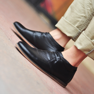 男士牛筋底尖头系带单鞋黑色中帮通勤耐磨商务鞋真皮秋季休闲皮鞋