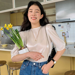 韩国chic夏季气质百搭圆领系带，露背纯色光泽，微透五分袖衬衫上衣女