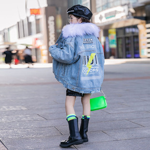 女童夹棉加厚大毛领牛仔外套冬装韩版儿童中大童洋气时髦