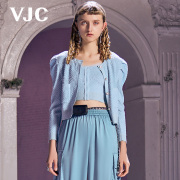 VJC/威杰思春夏女装圆领泡泡袖针织开衫休闲短款外套