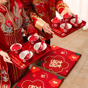 改口敬茶杯套装一对喜碗杯子婚礼红色敬酒茶具，碗筷陪嫁结婚礼物品