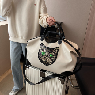 短途收纳袋大容量行李袋，外出手提大包时尚便捷亮片猫咪斜挎旅行包