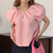 韩系chic夏季法式甜美v领宽松休闲百搭纯色褶皱，感泡泡袖衬衫上衣