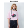 Basic House/百家好设计感小众上衣2024夏季粉色印花短袖T恤女