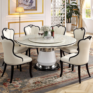 欧式大理石圆餐桌椅组合约象牙白色餐台家用圆形别墅圆桌子