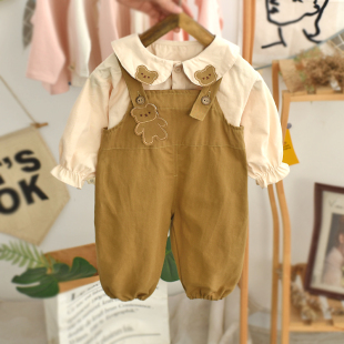 女童背带裤套装长袖，2024韩版网红宝宝，衣服时髦可爱潮婴儿潮衣