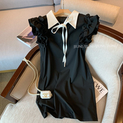 法式小个子黑色polo领连衣裙夏季女高级设计感小众无袖木耳边裙子