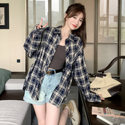韩式复古长袖格子衬衫外套女春秋季设计感小众宽松百搭翻领衬衣潮