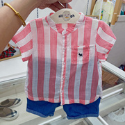 韩国22年夏款男宝宝童装红白条纹，衬衫短袖上衣，牛仔短裤套装休闲
