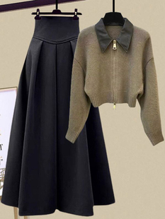 秋冬套装女2024高级感polo领针织双拉链，毛衣显瘦半身裙两件套