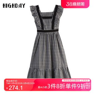 highday轩日夏季法式荷叶，边背心裙女黑白格纹甜美修身显瘦连衣裙