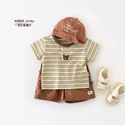 夏季儿童条纹短袖宝宝，小熊t恤外出婴儿，韩版棉质打底上衣夏装