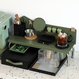 墨绿色咖啡桌边收纳架 铁艺置物洞洞板 桌面增高架轻奢创意文具架
