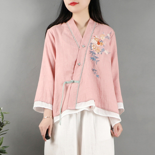 新中式复古刺绣v领棉麻衬衫，女春装中国风文艺，茶服上衣双层纱衬衣