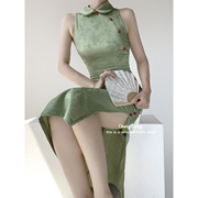 CHANGSHENG 森林物语 复古绿色改良新中式旗袍连衣裙夏削肩无袖裙