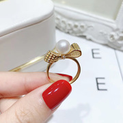 DIY珍珠配件 18K包金铜厚镀金蝴蝶结款镂空唯美戒指可调节半成品