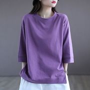 七分袖紫色t恤女宽松纯棉短袖，打底衫休闲宽松大码女装春夏季上衣