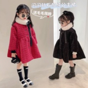韩国版冬女童闪闪公主连衣裙加绒加厚棉裙毛领外套中长款大衣