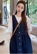 牛仔连衣裙女夏季2024年韩版假两件T恤配背带裙休闲减龄套装