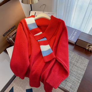 设计感红色毛衣女款2023秋冬宽松加厚慵懒风中长款针织衫冬季