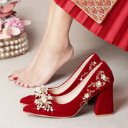 中式婚鞋新娘鞋女2023年秀禾婚纱两穿红色高跟鞋粗跟结婚鞋子