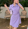 MG小象女装polo连衣裙女夏法式气质衬衫裙设计感小众收腰系带紫色