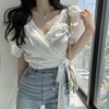 韩国chic夏季设计感小众交叉v领绑带松紧收腰泡泡袖短款衬衫上衣